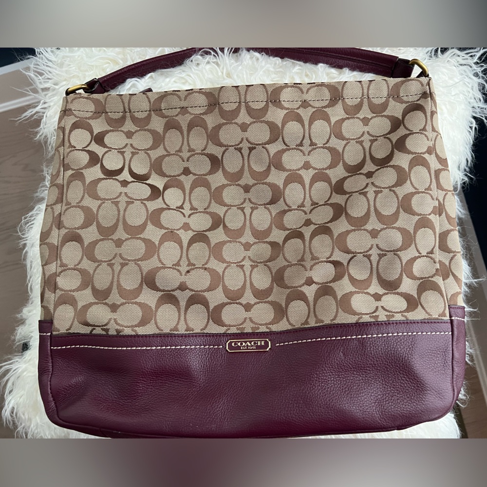 Coach Park Signature Hobo bag in brown signature print w/ burgundy leather trim